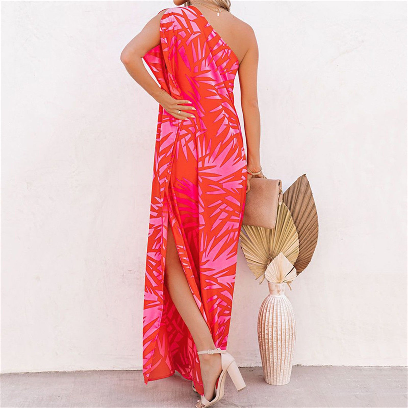 Tropical Printing Women Maxi Dress Summer Elegant One Shoulder Sleeveless Slit Long Party Evening Dress Lady Boho Sundress Robe