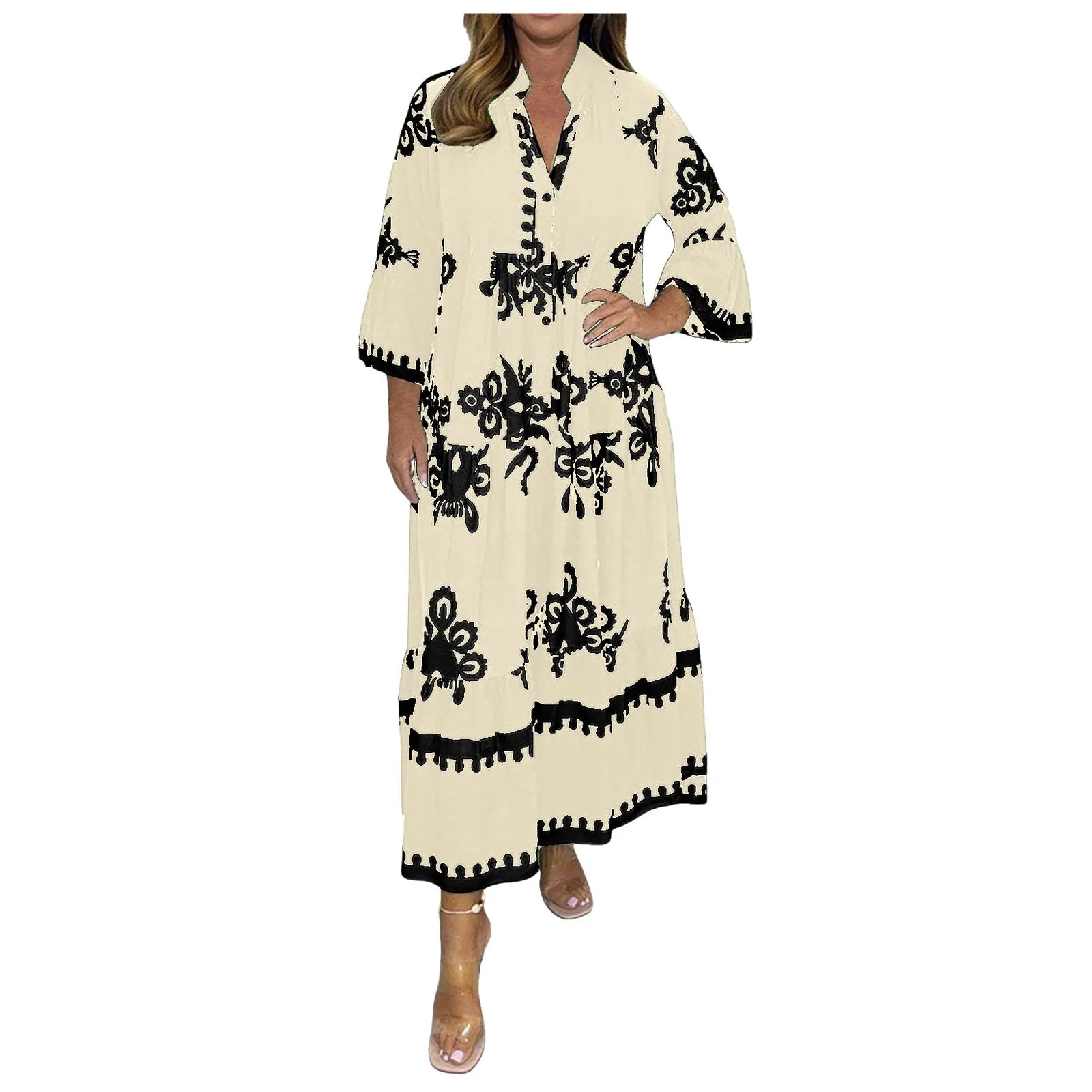 Casual Long Dresses Womens Summer Retro V Neck Print Long Sleeve Dresses Elegant High Quality Party Formal Vestidos Women