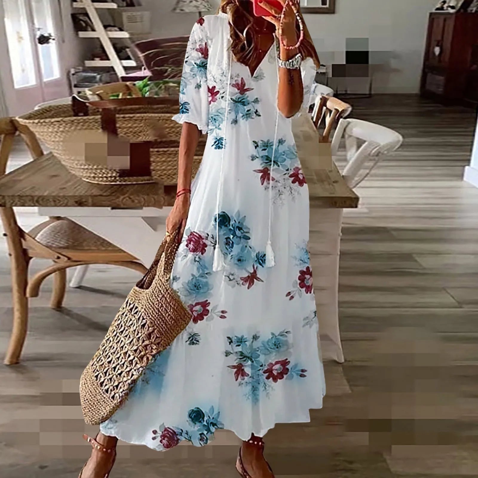 Women Dresses Casual Loose Comfortable Plus Size Dress With Tassels Bohemian Printed V Neck Long Length Woman Vestidosct