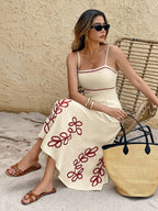 Cream Embroidered Leaf Pattern Spaghetti Strap Midi Dress Summer Casual Beach