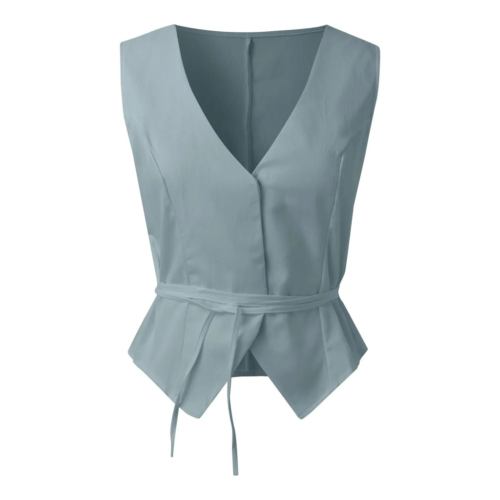 Women V-Neck Open Front Lace Up Tank Tops Sleeveless Slim Fit Casual Camisoles Office Lady Y2k Solid Cardigan Cropped Tops