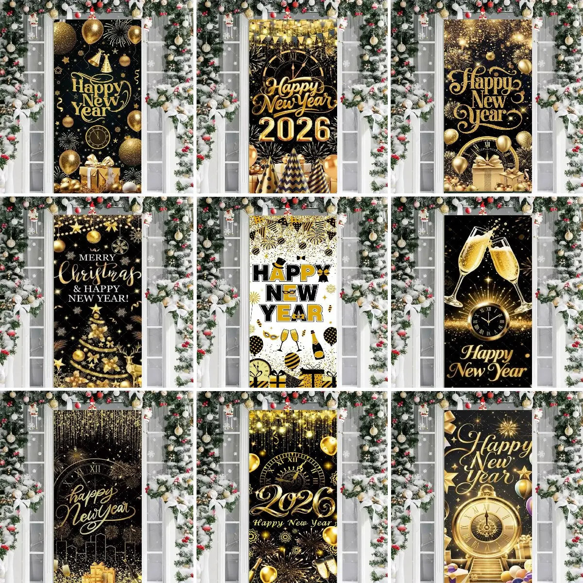 Black Gold 2026 Happy New Year Theme Party Door Decor Backdrop New Year Clock Gift Champagne Party Cake Table Porch Decor Banner