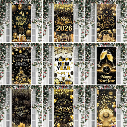 Black Gold 2026 Happy New Year Theme Party Door Decor Backdrop New Year Clock Gift Champagne Party Cake Table Porch Decor Banner