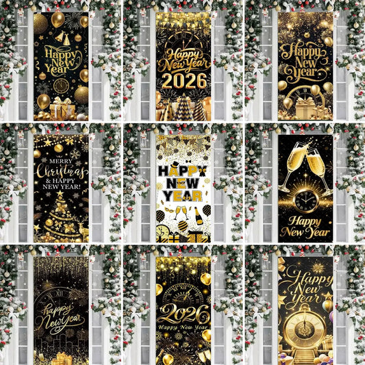 Black Gold 2026 Happy New Year Theme Party Door Decor Backdrop New Year Clock Gift Champagne Party Cake Table Porch Decor Banner