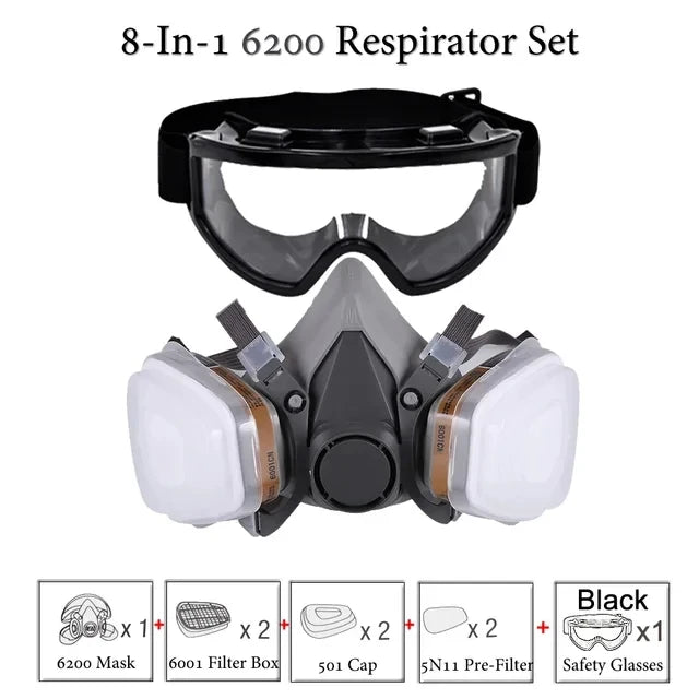 8-In-1 6300/6200 Dust Gas Mask With Safety Glasses Half Face Gas Respirator For Painting Spraying Polishing Work Safety