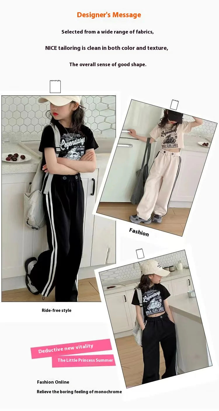 Girls' summer casual suit, new children's fashionable T-shirt, casual pants, summer dress, foreign short-sleeved two-piece set,
