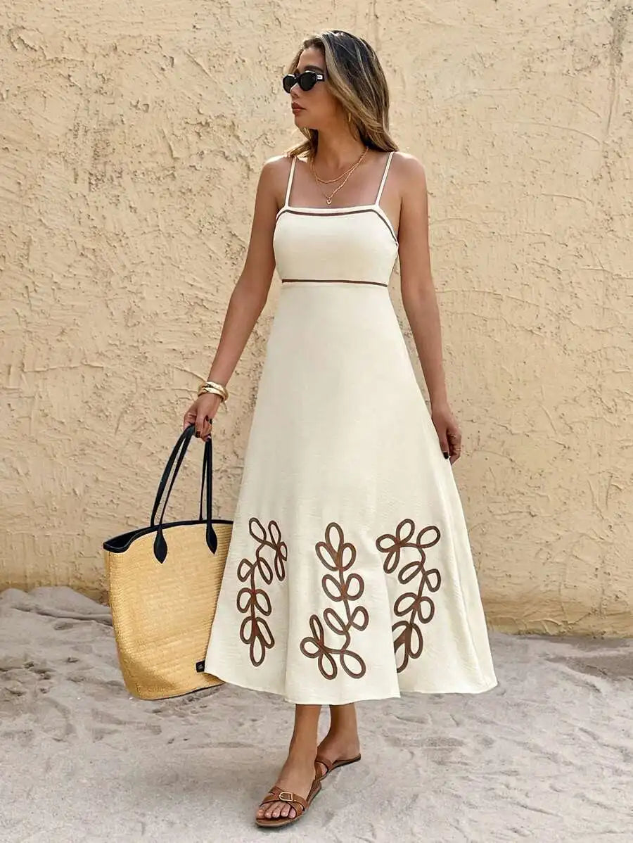 Cream Embroidered Leaf Pattern Spaghetti Strap Midi Dress Summer Casual Beach