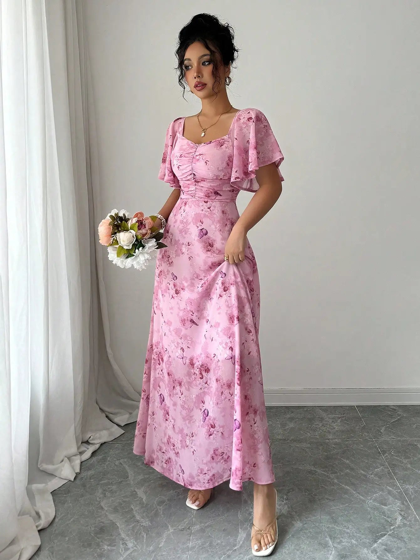 Pink Butterfly Print Chiffon Maxi Dress with Ruched Bodice and Batwing Sleeves for Summer