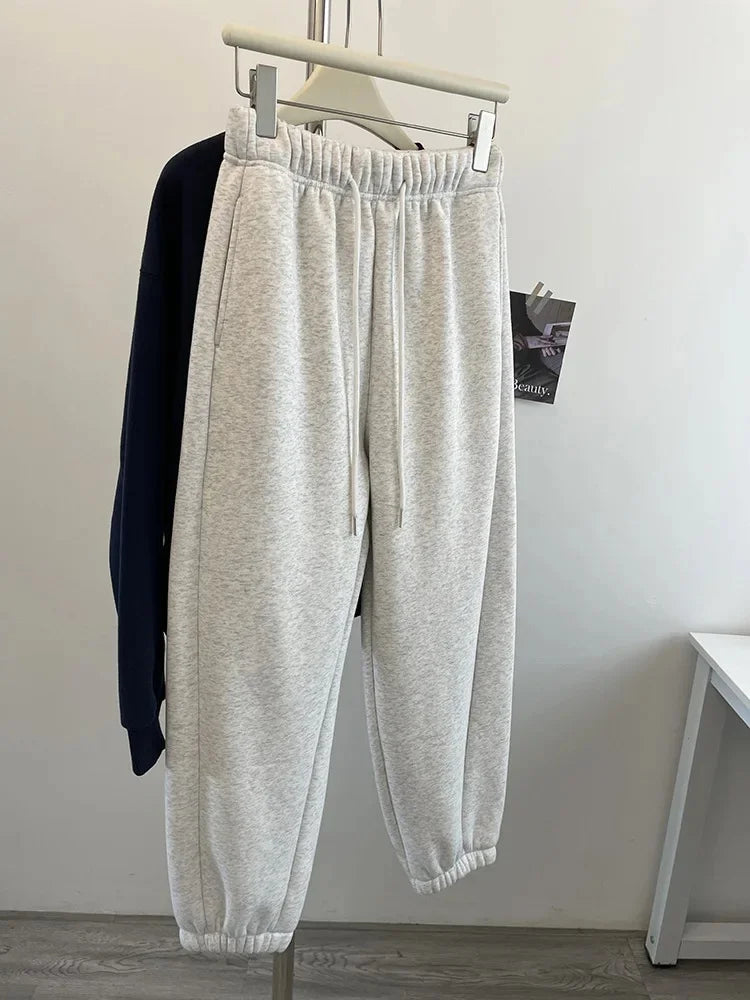 High Waist Thickened Lamb Velvet Drawstring Sweatpants Women Loose Casual Sports Warm Long Trousers Commute Style Cotton
