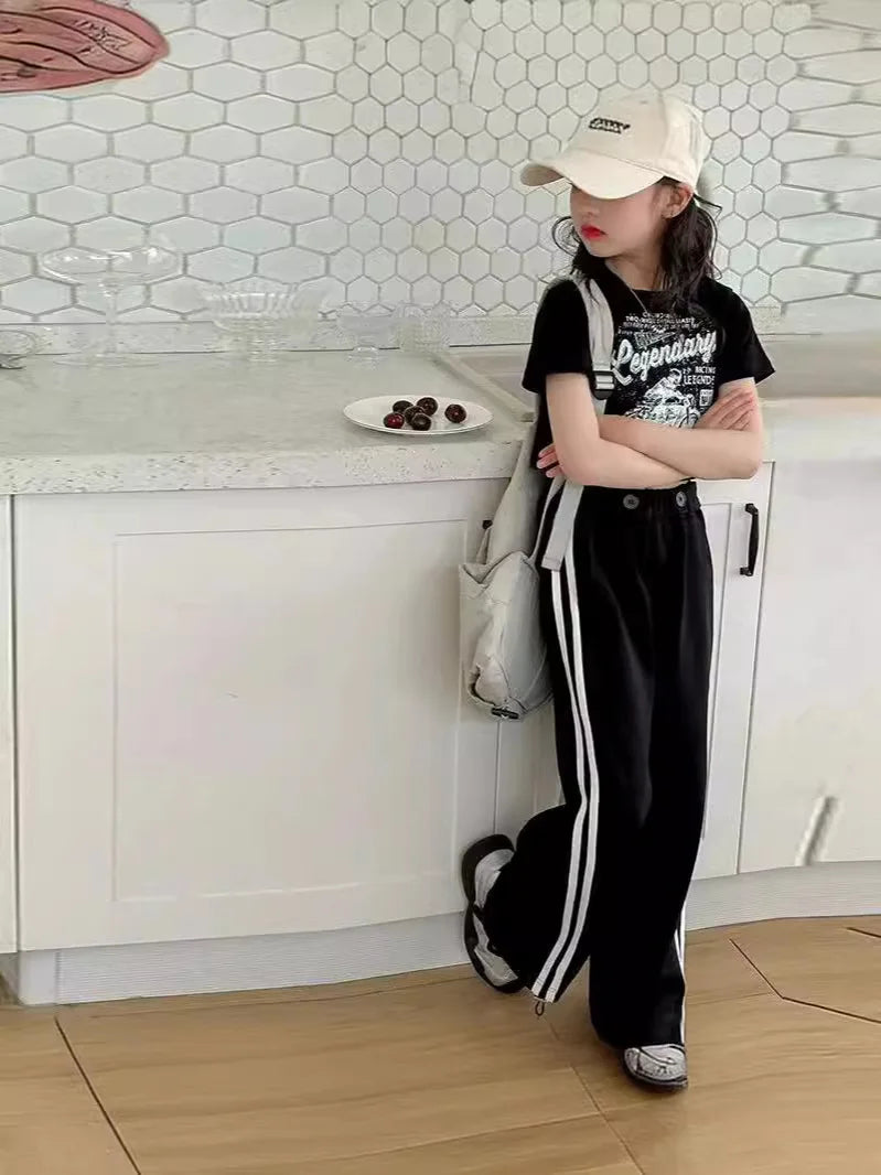 Girls' summer casual suit, new children's fashionable T-shirt, casual pants, summer dress, foreign short-sleeved two-piece set,
