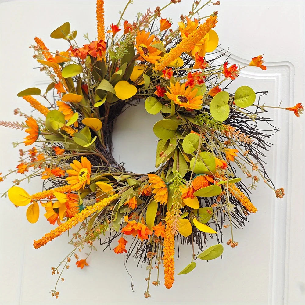 17.7" Fall Wreath for Front Door Orange Farmhouse Harvest Sunflower Wreath with Daisy Flowers Thanksgiving Wreath for Front Door