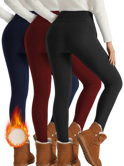 【3 Pack Winter Warm Pants】Fleece Lined High Waist Leggings for Women, Black+Navy+Wine Red Thickened Thermal Trousers, Windproof
