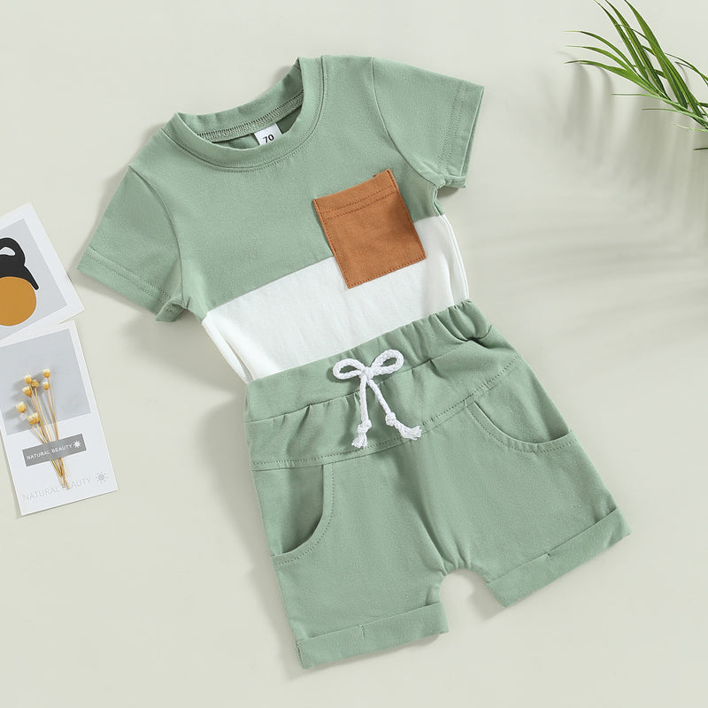 2023-02-01 Lioraitiin 0-3Years Toddler Boys 2Pcs Summer Outfit Sets Short Sleeve Contrast Color Tops Solid Drawstring Shorts