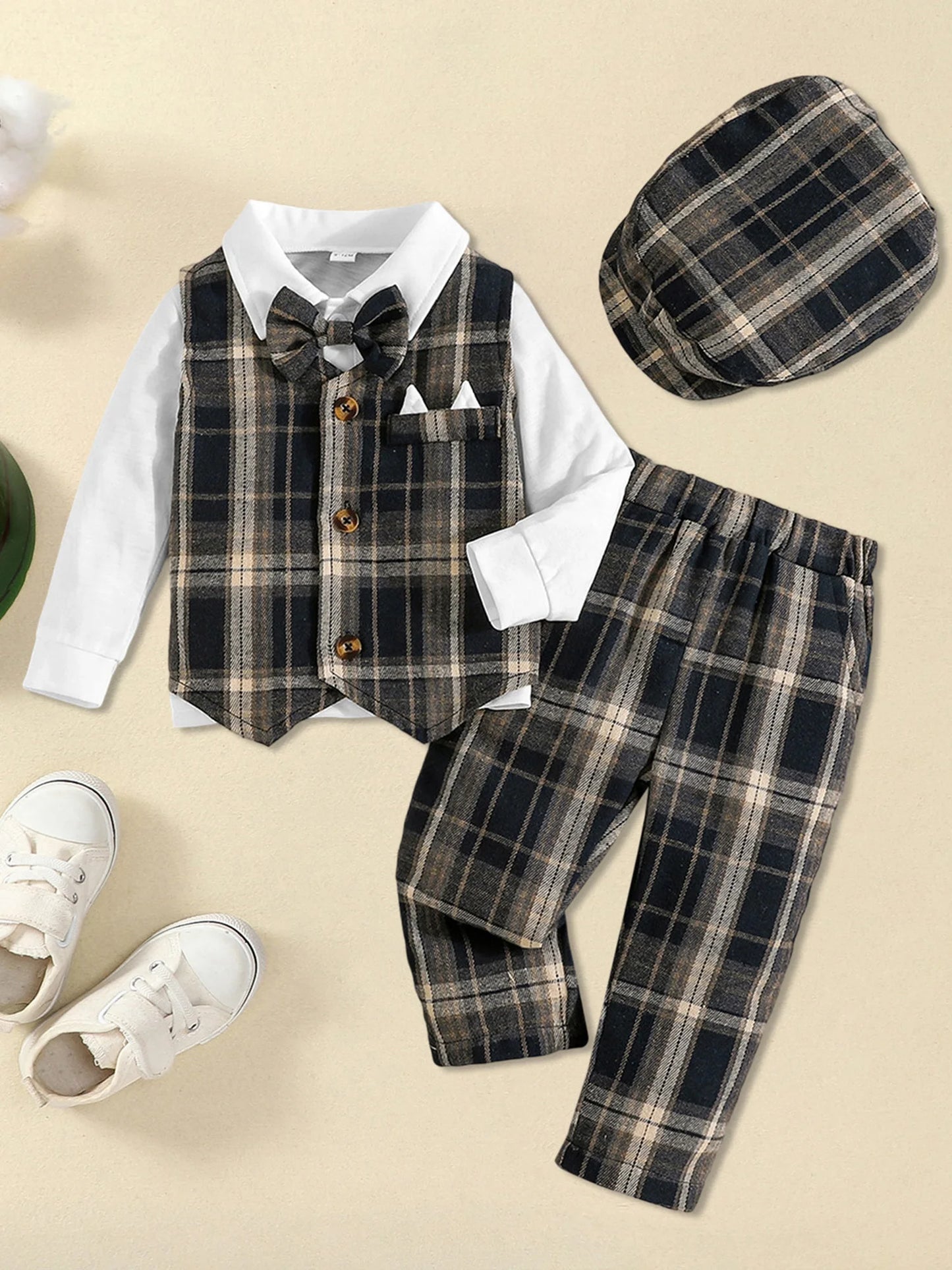 4Pcs Baby Boy Formal Wear Set with Long Sleeve Lapel Neck Shirt Plaid Button Down Vest Pants and Hat - Gentleman Outfit with