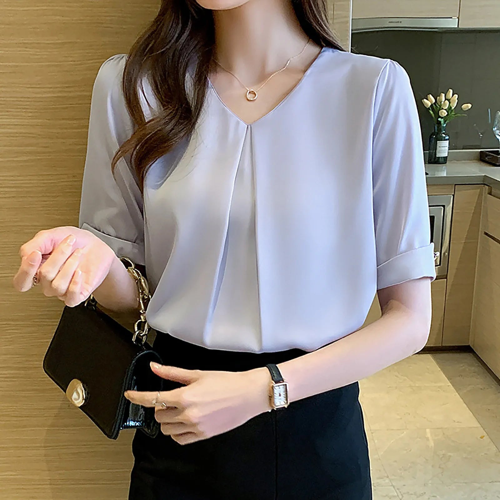 Summer Blouses For Women Dressy Casual French Shirt Female V Neck Design Short Sleeved Summer Loose Day T Blusas Para Mujer
