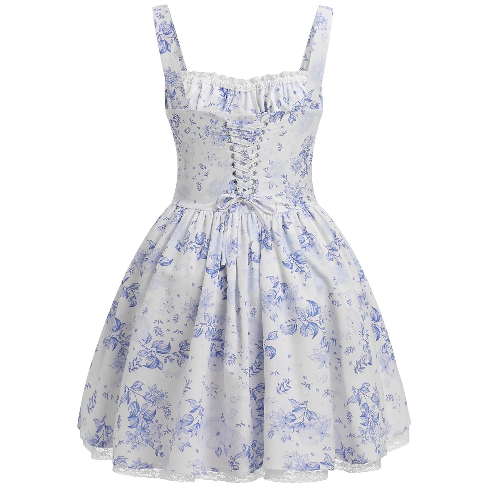Women Floral Print Mini Dress Sexy Lace Patchwork Suspender Tie Up Corsets Bodycon Short Dresses Summer Boho French Vestidos