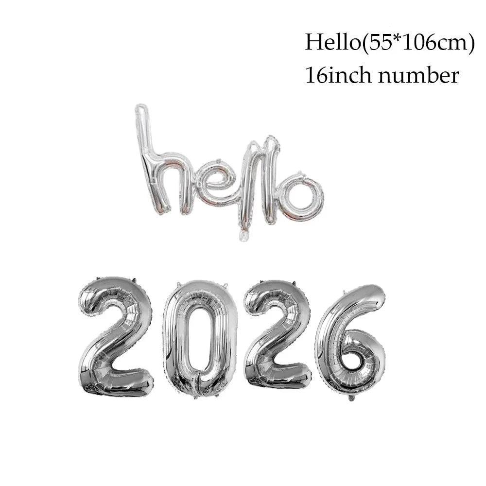 Gold Sliver Happy New Year 2026 Foil Balloons Hello 2026 Letter Balloon Banner Garland Christmas New Year Eve Decorations