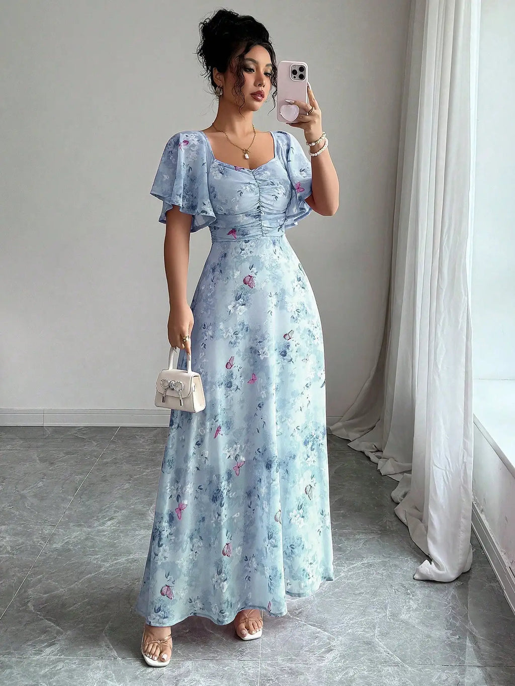 Pink Butterfly Print Chiffon Maxi Dress with Ruched Bodice and Batwing Sleeves for Summer