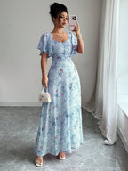 Pink Butterfly Print Chiffon Maxi Dress with Ruched Bodice and Batwing Sleeves for Summer