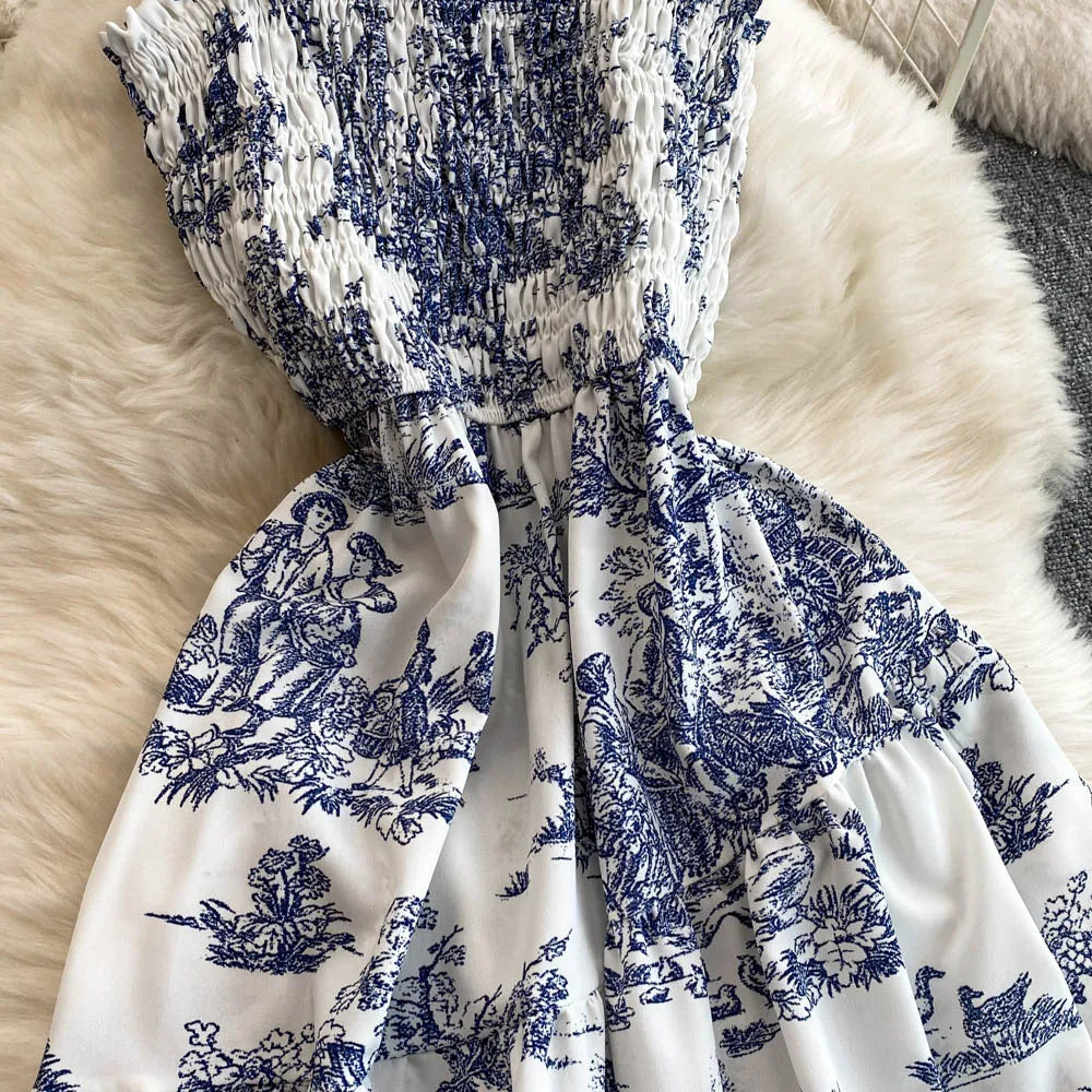 2025 New Summer Pink/Purple Flower Print Romantic Retro Party Dress Elastic High Waist Vacation Long Dress Beach Vestido