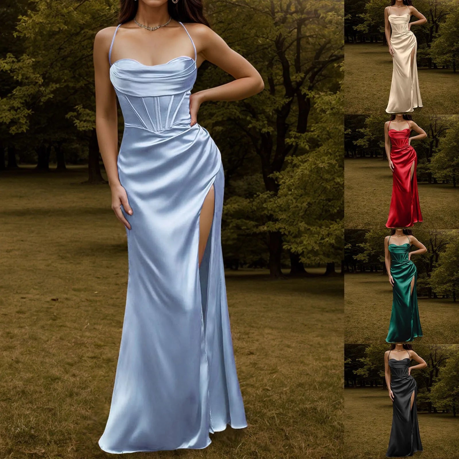 Green Women's Dress Lace Up Backless High Slit Corset Maxi Dress Elegant Vestidos Slim Fishbone Formal Dresses For Wedding Guest