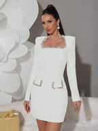 Red Rhinestone-Embellished Long Sleeve Bodycon Mini Dress for Evening Events