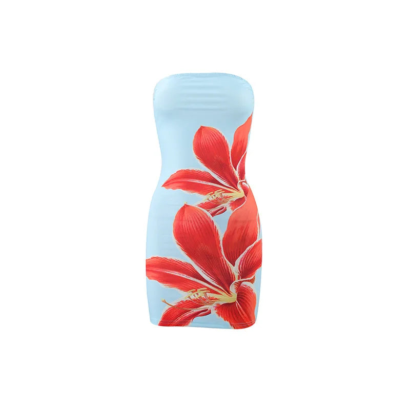 Sexy strapless floral print backless slim fit dress for women in summer 2025 comfortable and elegant beach vacation short skirt