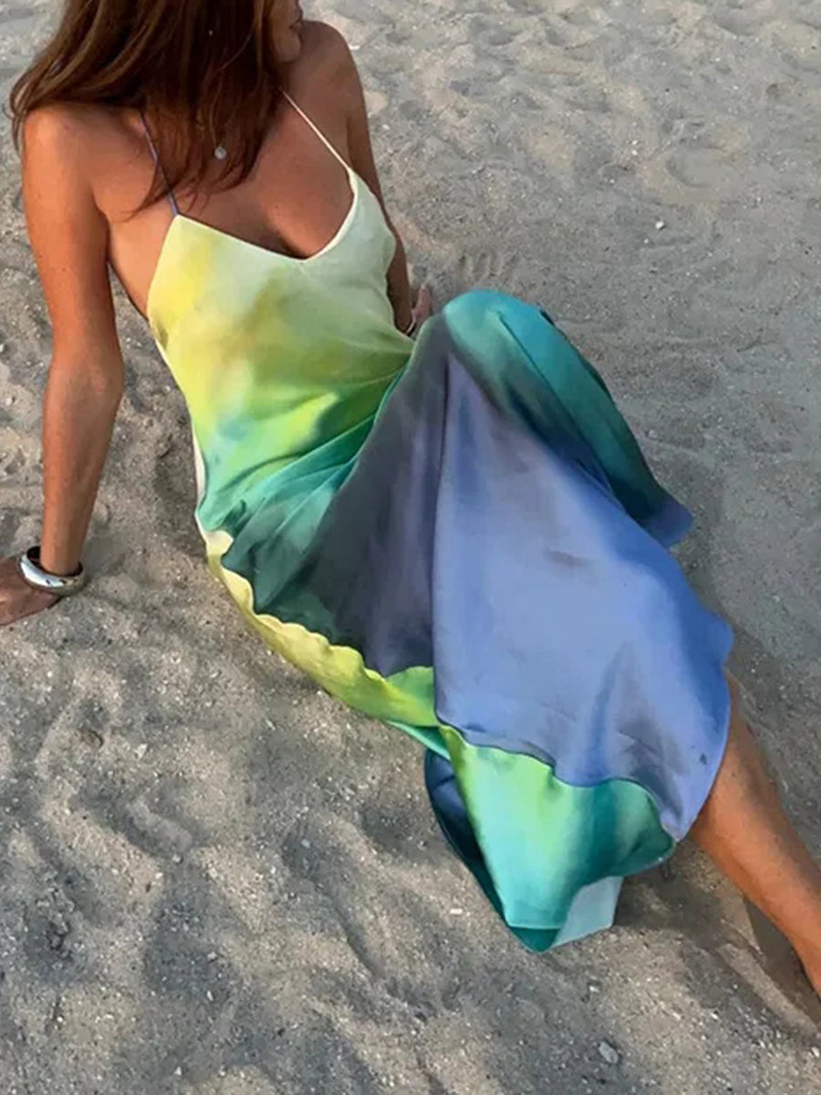 Combhasaki Women's Summer Boho Cami Long Dress Gradient Color Spaghetti Strap V-Neck Backless Beachwear Party Maxi Sundress