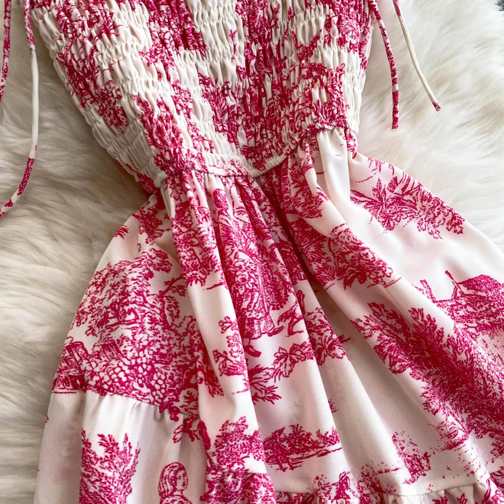 2025 New Summer Pink/Purple Flower Print Romantic Retro Party Dress Elastic High Waist Vacation Long Dress Beach Vestido