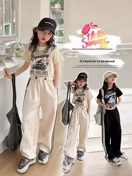 Girls' summer casual suit, new children's fashionable T-shirt, casual pants, summer dress, foreign short-sleeved two-piece set,