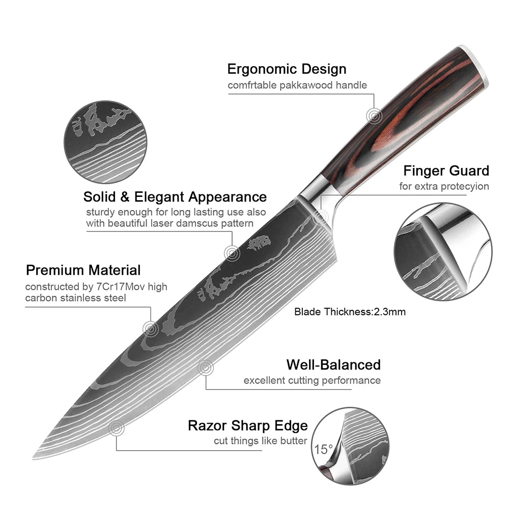 High quality 440C German Steel Kitchen Knife Damascus Laser Pattern Chef Knife Cleaver Filleting Santoku Knife Best Kitchen Tool
