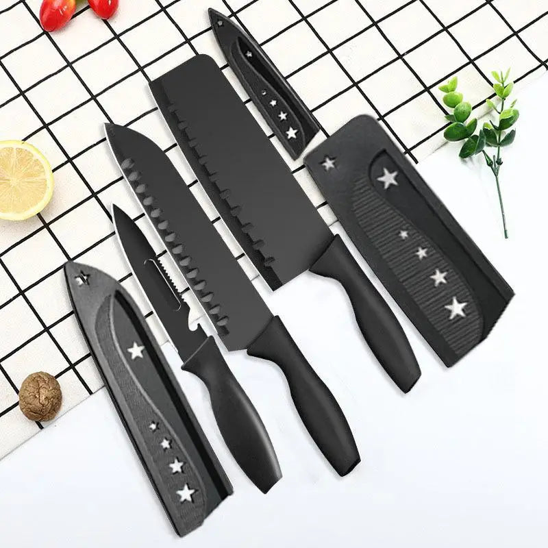 5/7-Piece Black Kitchen Knife Set - Professional Chef Knife, Fruit Knife, Meat Cleaver, Cutting Board, Heart-Shaped Egg Mold