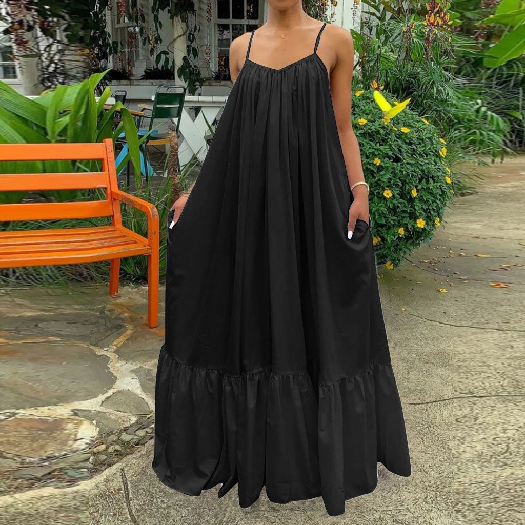 Spring Dress For Women Sexy Solid Strap Dress Pocket Loose Backless Big Swing Dresses Holiday Dresses For Women Wedding Guest