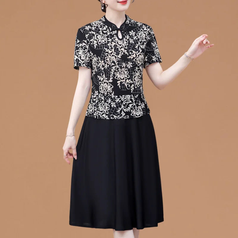 Mom's Summer New Style Cheongsam Elegant and Slimming Middle-aged Women's Wear Fake Two-piece Dress