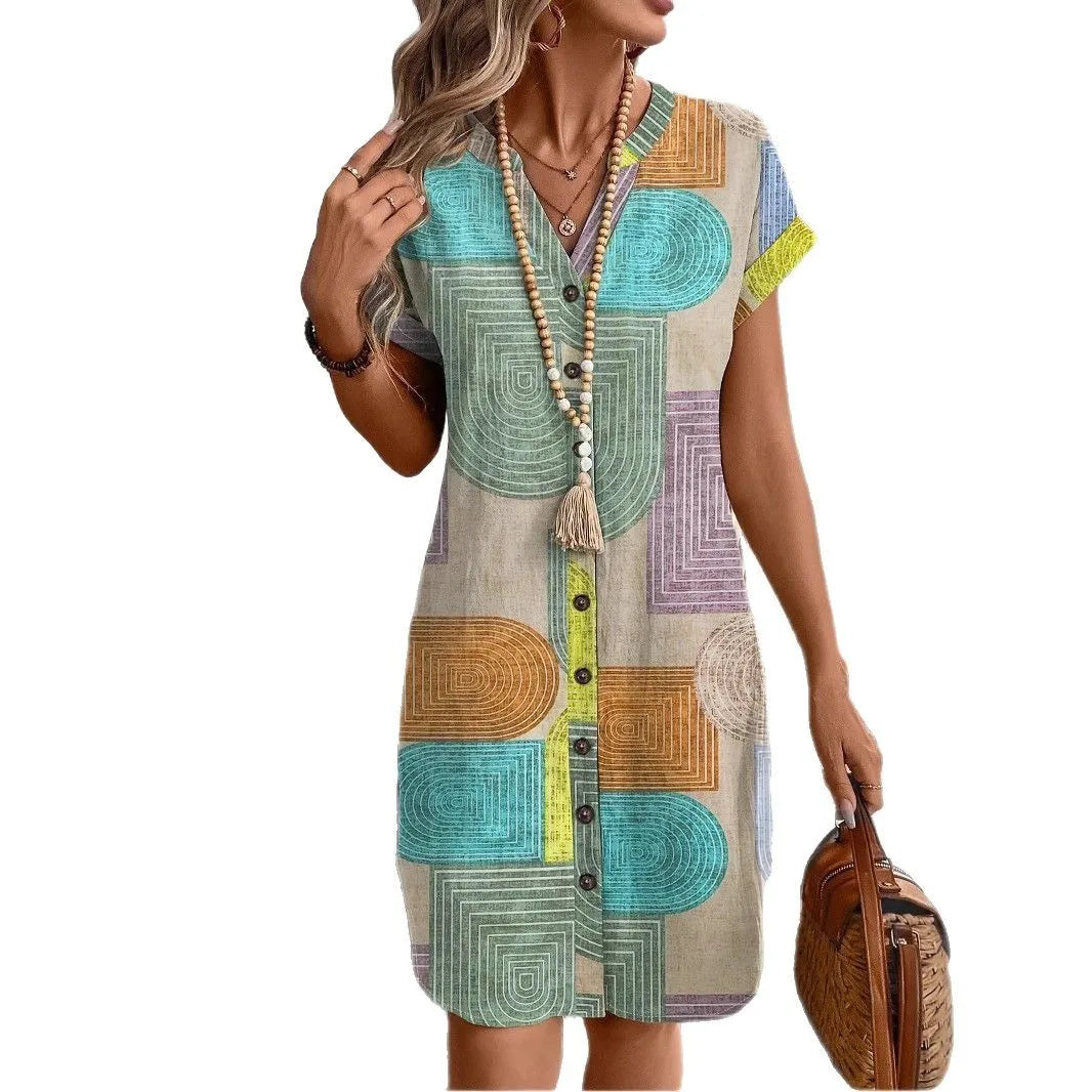 2025 European and American women's clothing foreign trade Amazon summer geometric printing elegant V-neck button up dress