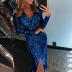 Top Selling  Dresses For Women 2024 Plus Size Deep V Sequins Wrap Ruched Long Sleeve Nightclub Dress Vestidos Para Mujer