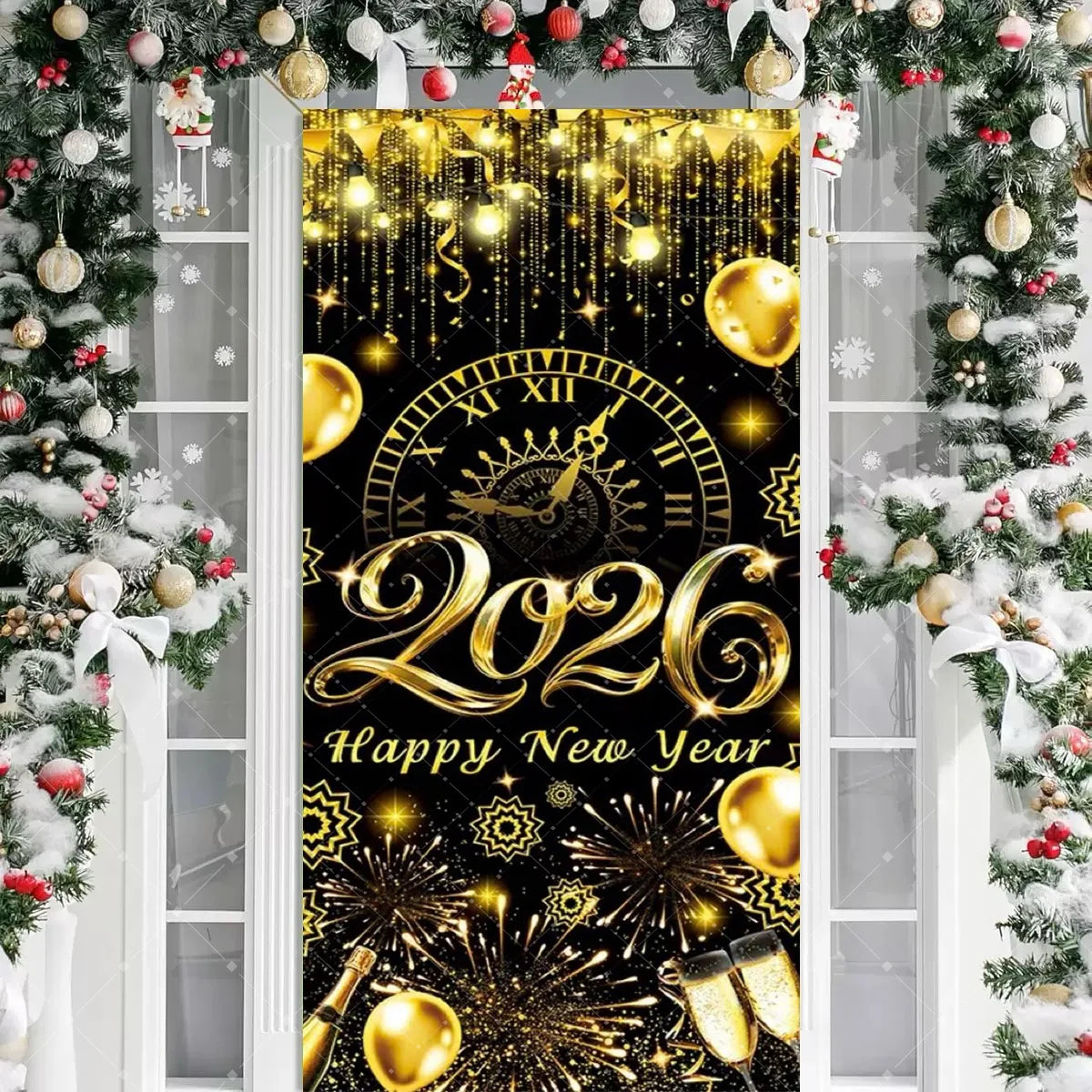 Black Gold 2026 Happy New Year Theme Party Door Decor Backdrop New Year Clock Gift Champagne Party Cake Table Porch Decor Banner