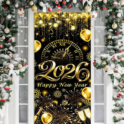 Black Gold 2026 Happy New Year Theme Party Door Decor Backdrop New Year Clock Gift Champagne Party Cake Table Porch Decor Banner