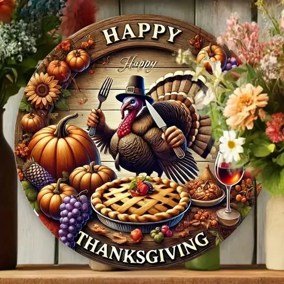 "'Happy Thanksgiving' – 1pc 2D Round Plaque | Embellished with Turkey & Autumn Harvest Motifs – Perfect for Holiday Decor"