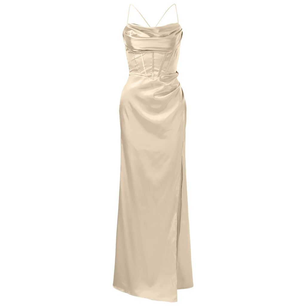 Green Women's Dress Lace Up Backless High Slit Corset Maxi Dress Elegant Vestidos Slim Fishbone Formal Dresses For Wedding Guest