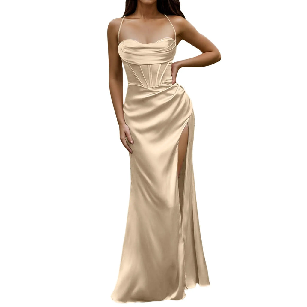 Green Women's Dress Lace Up Backless High Slit Corset Maxi Dress Elegant Vestidos Slim Fishbone Formal Dresses For Wedding Guest