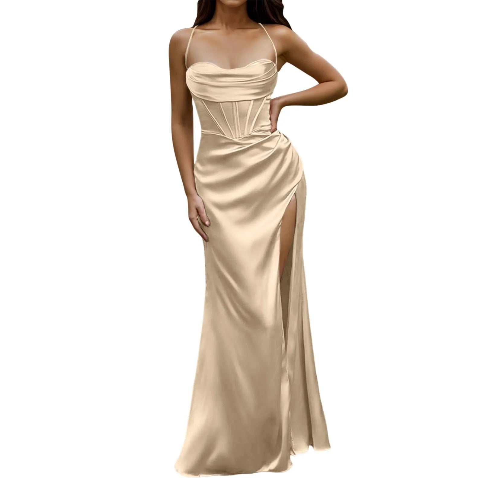 Green Women's Dress Lace Up Backless High Slit Corset Maxi Dress Elegant Vestidos Slim Fishbone Formal Dresses For Wedding Guest