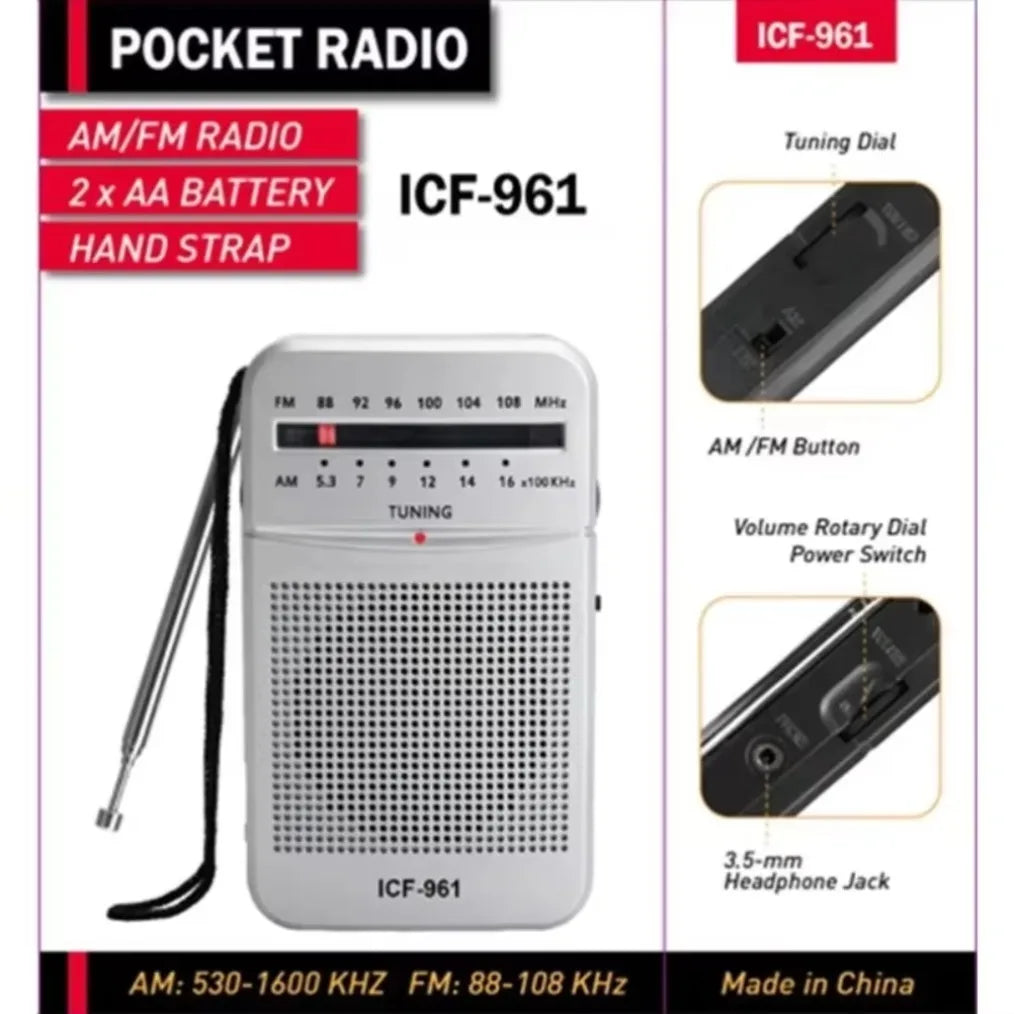 ICF-961 Portable Pocket  Radios AM FM 3.5mm AUX Mini Walkman 2 x AA Battery Outdoor Stereo Radio for Walking Hiking Camping