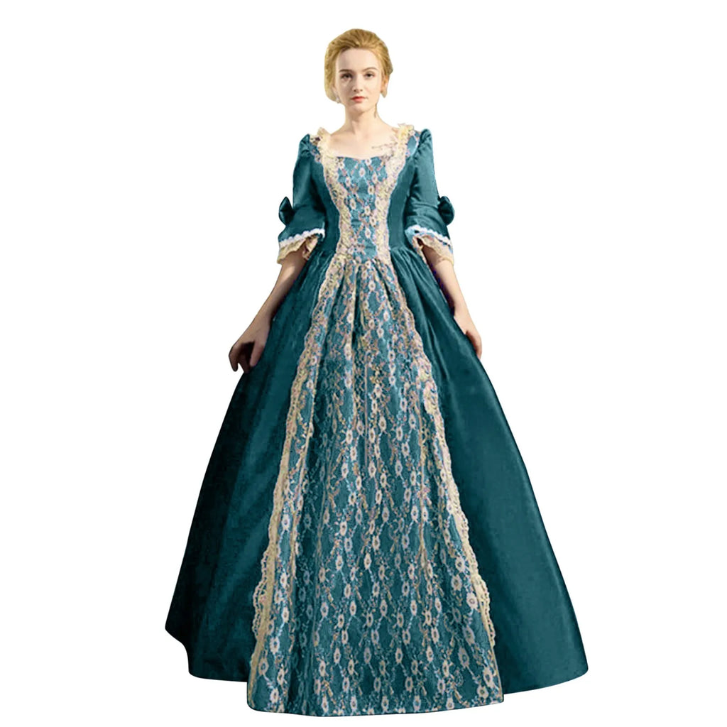 18th Century Medieval Dress Women High Waist Half Sleeve Ball Gown Princess Lace Patchwork Satin Dress Queen Renaissance Costume