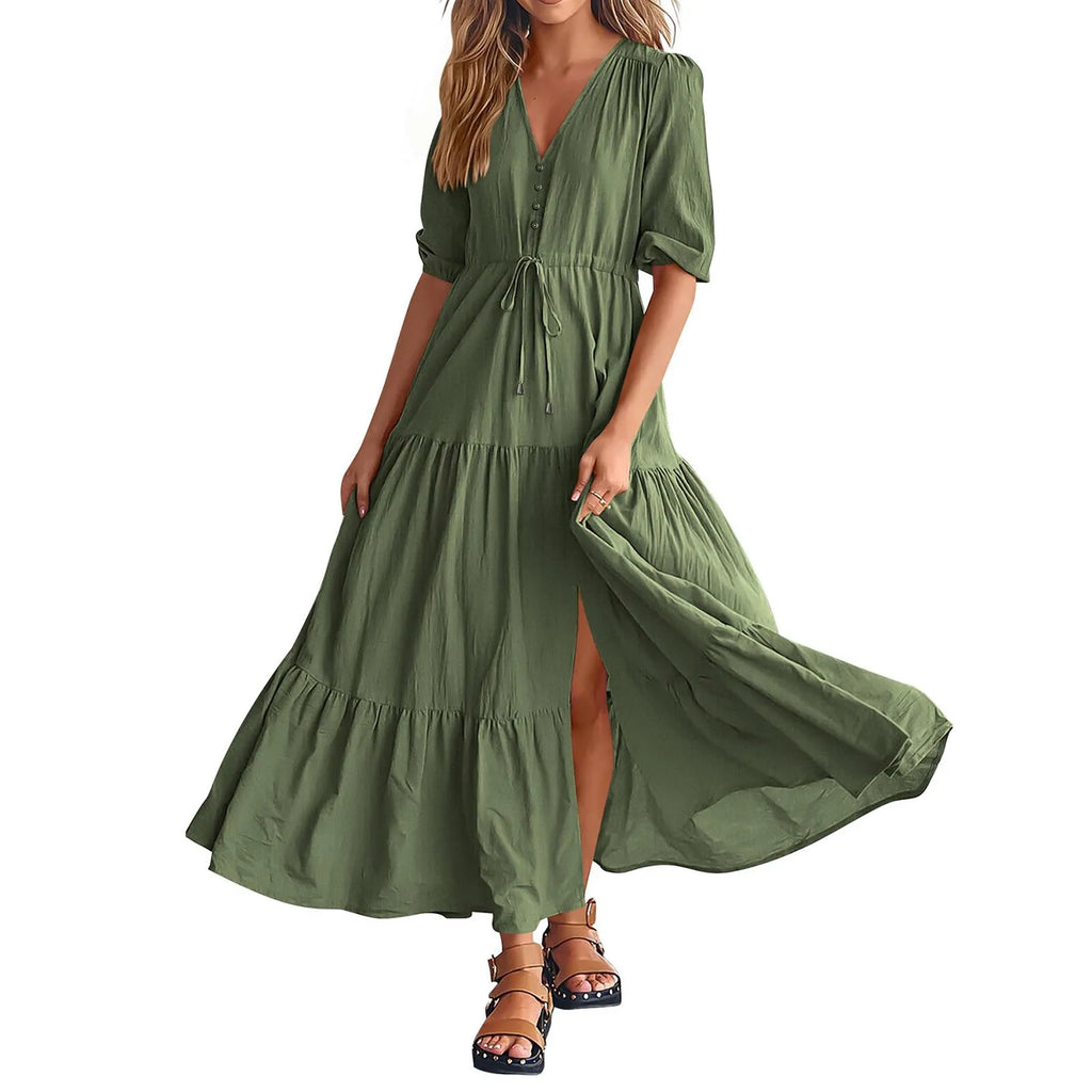 Women Button Drawstring Maxi Dresses Summer Lantern Sleeve Solid Color Boho Long Dresses Sexy A Line Tierred Large Swing Dress