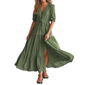 Women Button Drawstring Maxi Dresses Summer Lantern Sleeve Solid Color Boho Long Dresses Sexy A Line Tierred Large Swing Dress