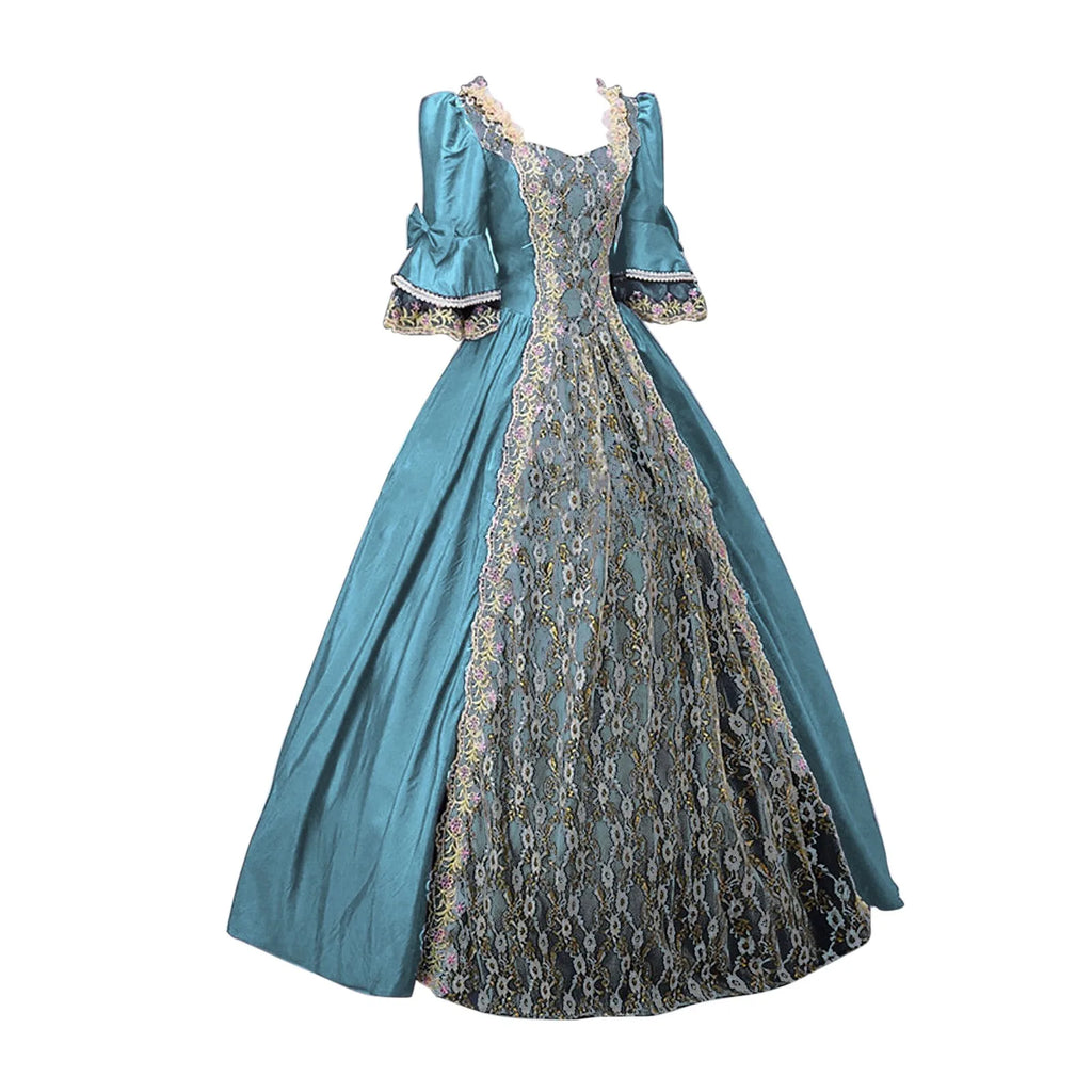 18th Century Medieval Dress Women High Waist Half Sleeve Ball Gown Princess Lace Patchwork Satin Dress Queen Renaissance Costume