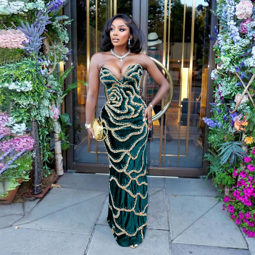 2024 Fall Floral Sequined Strapless Women Sleeveless Long Dress Sexy Birthday Party Evening Prom Maxi Dresses Vestidos