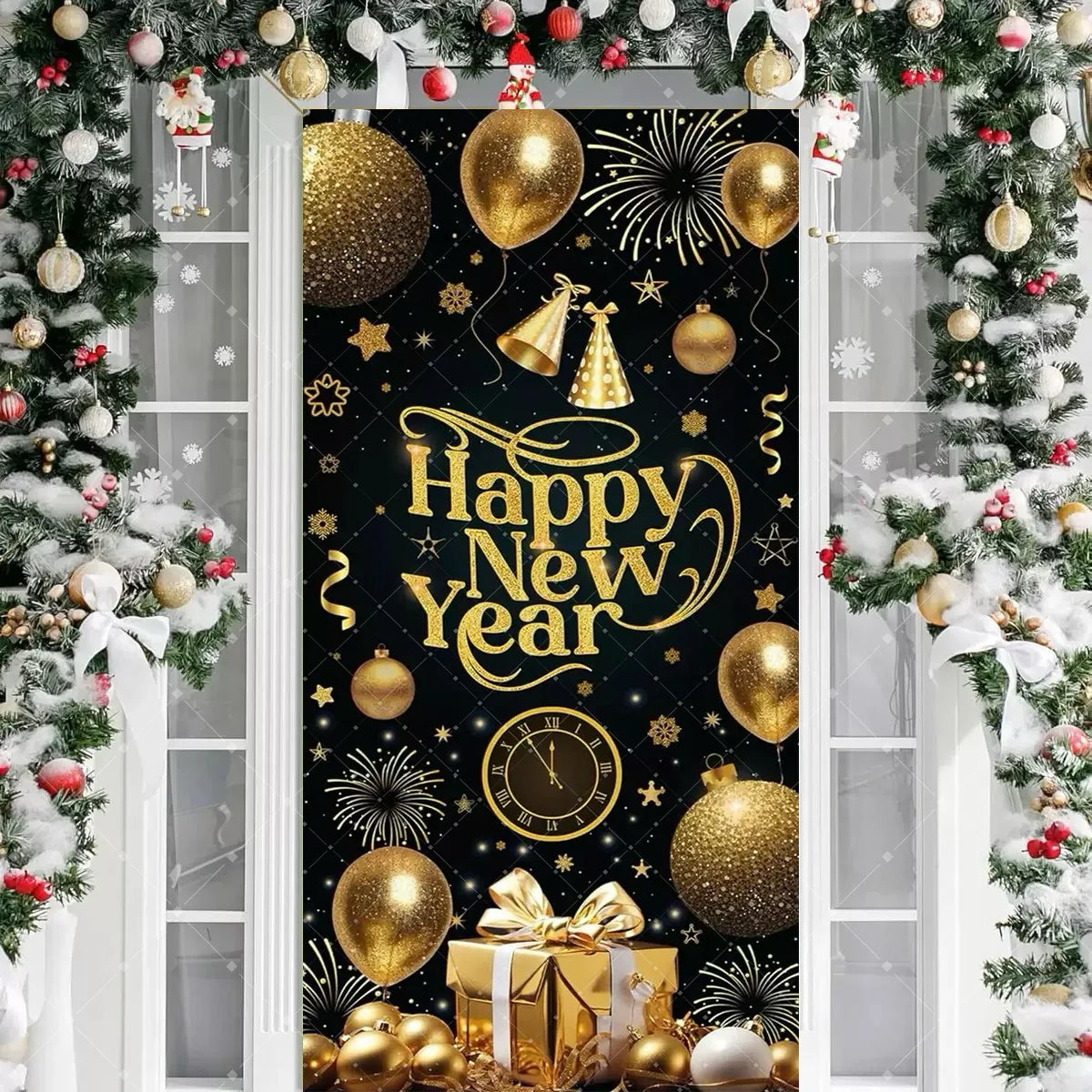 Black Gold 2026 Happy New Year Theme Party Door Decor Backdrop New Year Clock Gift Champagne Party Cake Table Porch Decor Banner