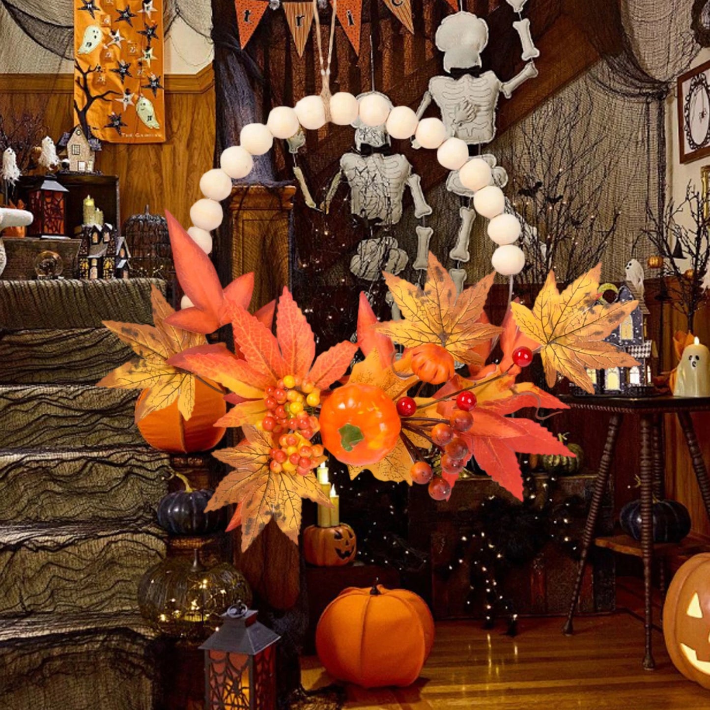 Fall Harvest Wreath with Pinecones and Acorns Autumn Leaves Thanksgiving Door Decoration for Home Wall Decor